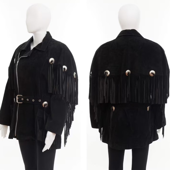 S/M/L 90's western black suede coat /fringe + cape - Picture 1 of 16